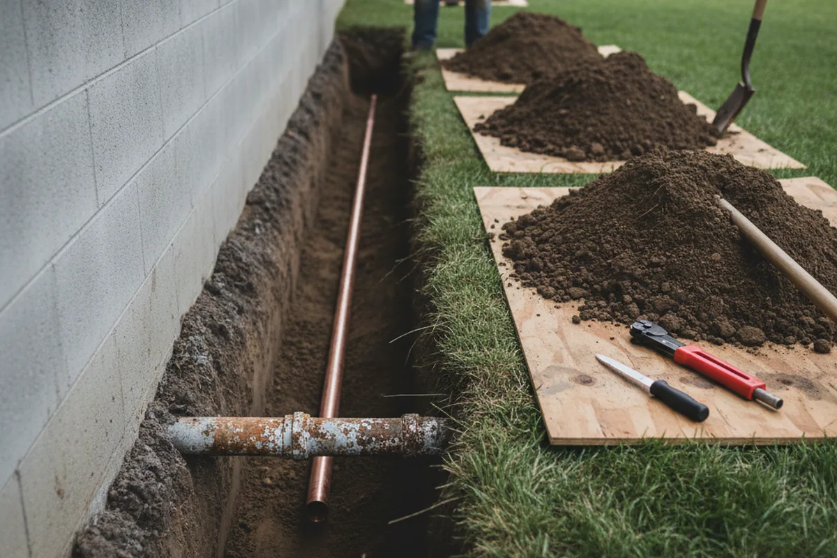 Excavated water line trench during Sewer Line Repair in Gans